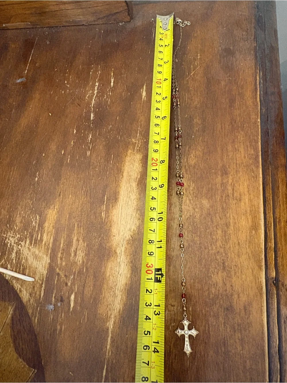 Gold-Tone Cross Pendant Necklace with Red Bead Accents